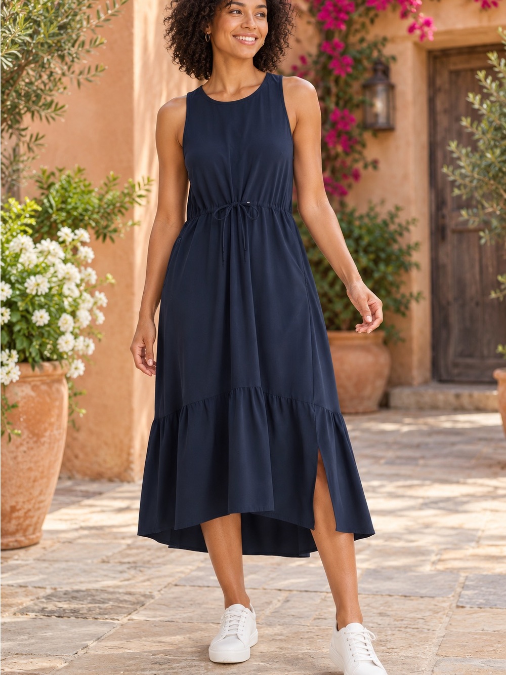 Zella Navy Sleeveless High-Low Drawstring Midi Dress